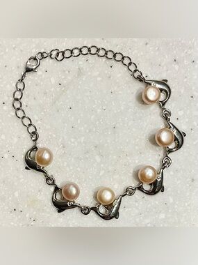 Vintage Silver Tone Dolphin Link and Cultured Pearl Bracelet